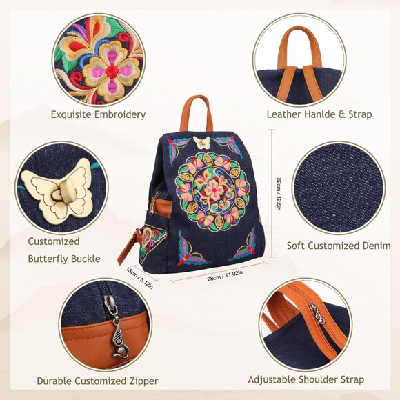 Vintage Women\'s Denim Embroidered Floral Canvas Backpack in Navy Blue, Water-Res main image 4